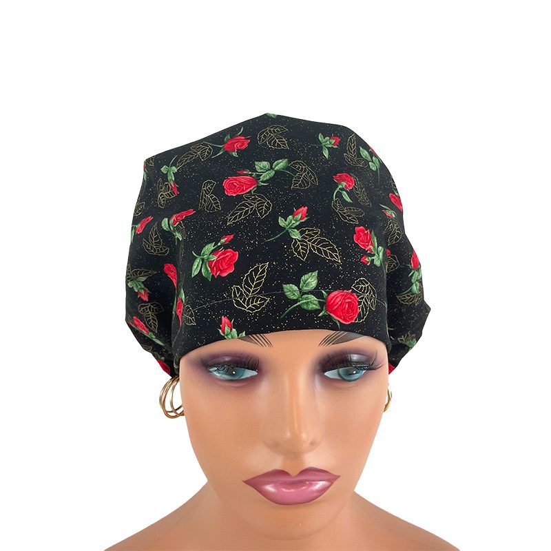High Bun Ponytail Scrub Caps - Roses Red On Black - Image 17