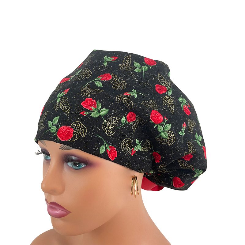 High Bun Ponytail Scrub Caps - Roses Red On Black - Image 18