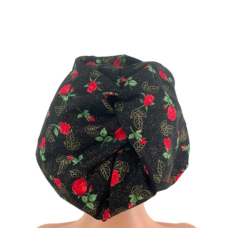 High Bun Ponytail Scrub Caps - Roses Red On Black - Image 20