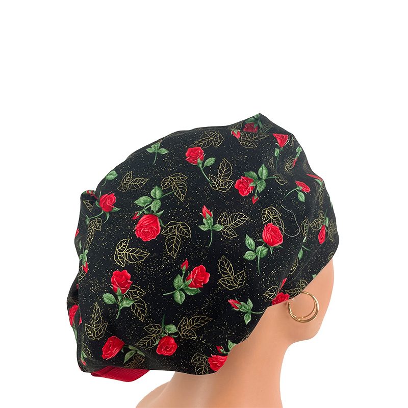 High Bun Ponytail Scrub Caps - Roses Red On Black - Image 21