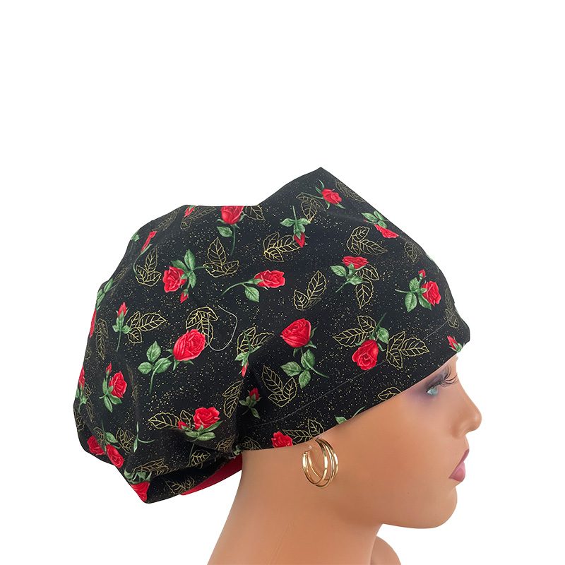 High Bun Ponytail Scrub Caps - Roses Red On Black - Image 22