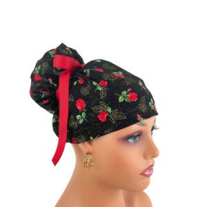 High Bun Ponytail Scrub Caps - Roses Red On Black
