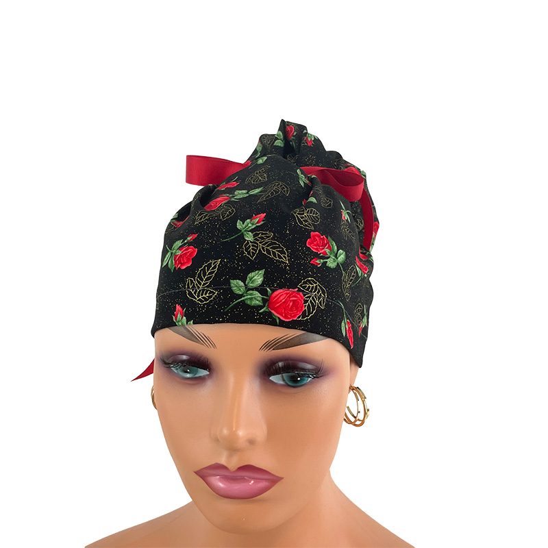 High Bun Ponytail Scrub Caps - Roses Red On Black - Image 2