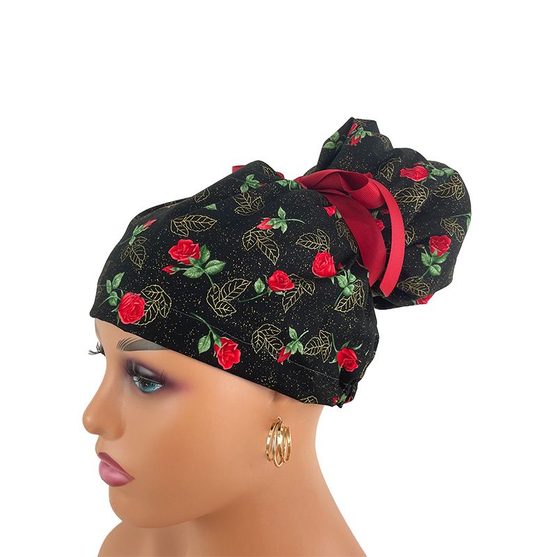 High Bun Ponytail Scrub Caps - Roses Red On Black - Image 3