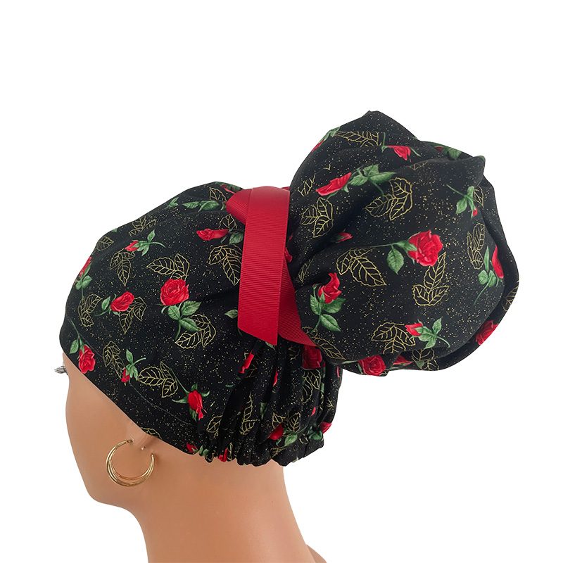 High Bun Ponytail Scrub Caps - Roses Red On Black - Image 4