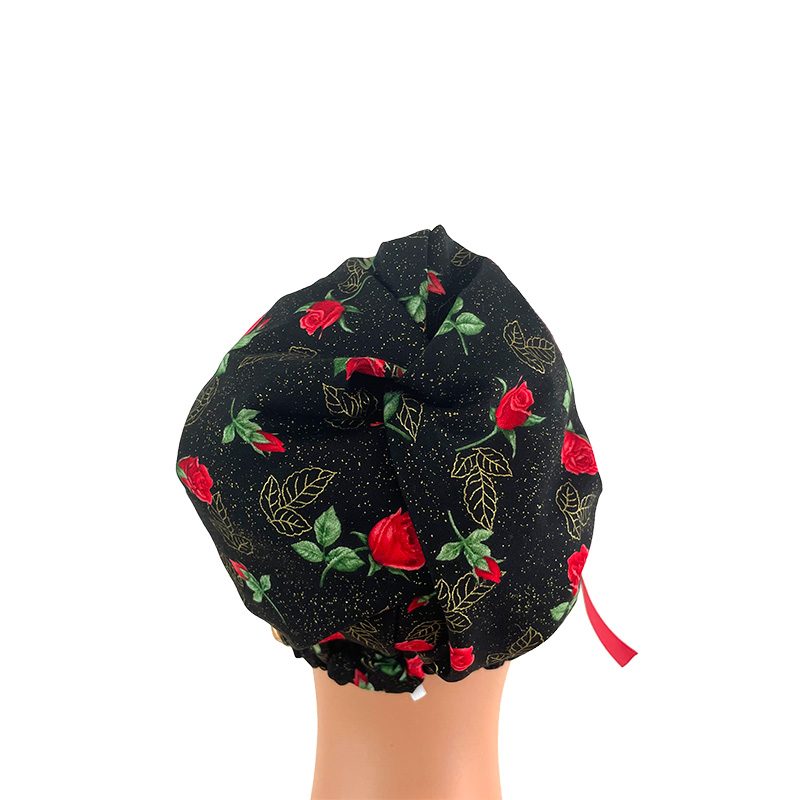 High Bun Ponytail Scrub Caps - Roses Red On Black - Image 5