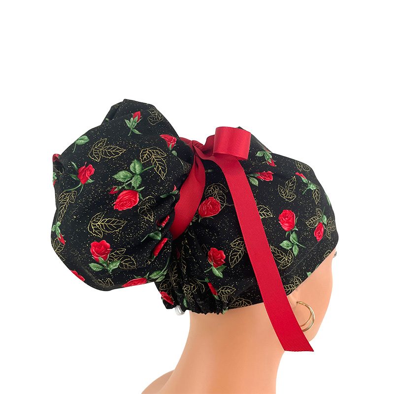 High Bun Ponytail Scrub Caps - Roses Red On Black - Image 6