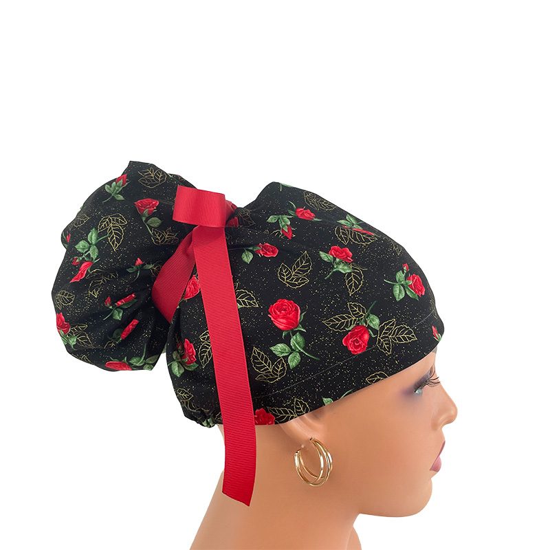 High Bun Ponytail Scrub Caps - Roses Red On Black - Image 7