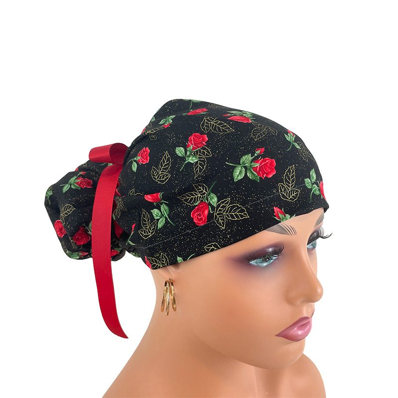 High Bun Ponytail Scrub Caps - Roses Red On Black - Image 8
