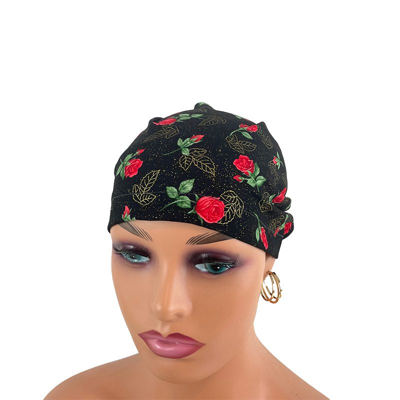High Bun Ponytail Scrub Caps - Roses Red On Black - Image 9