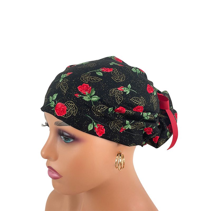 High Bun Ponytail Scrub Caps - Roses Red On Black - Image 10