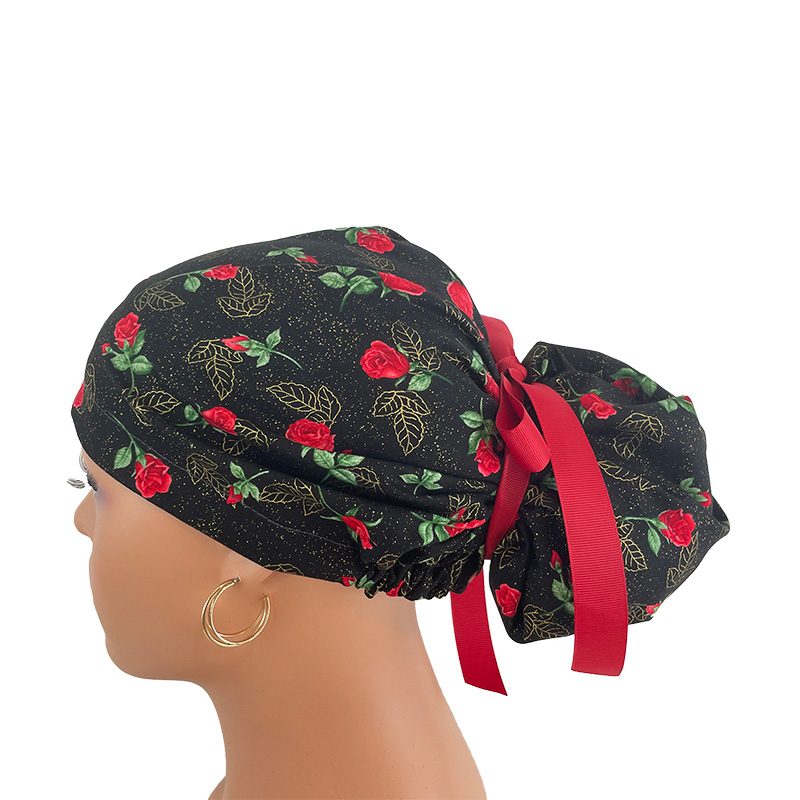 High Bun Ponytail Scrub Caps - Roses Red On Black - Image 11