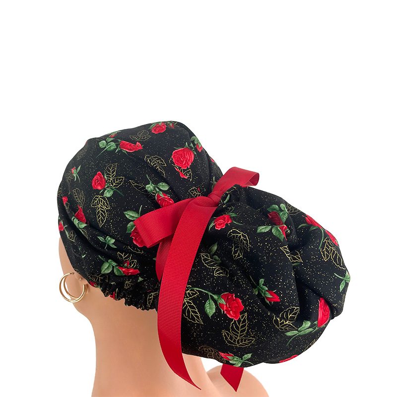 High Bun Ponytail Scrub Caps - Roses Red On Black - Image 12