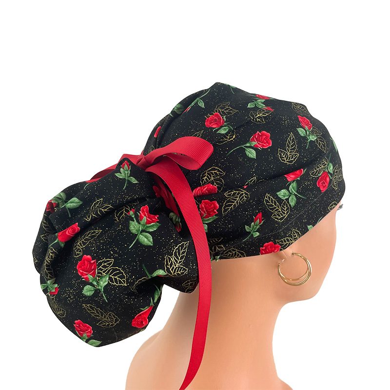 High Bun Ponytail Scrub Caps - Roses Red On Black - Image 14