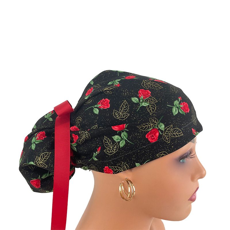 High Bun Ponytail Scrub Caps - Roses Red On Black - Image 15