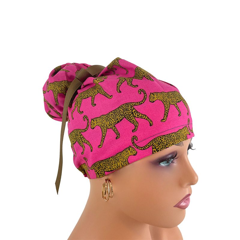 High Bun Ponytail Scrub Caps - Fine Leopards