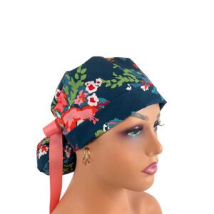 Turn Up Ponytail Medical Scrub Cap. Flower Blue and Pink