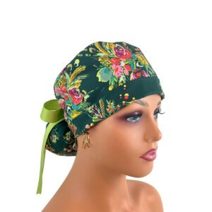 Turn Up Ponytail Medical Scrub Cap. Flower Green