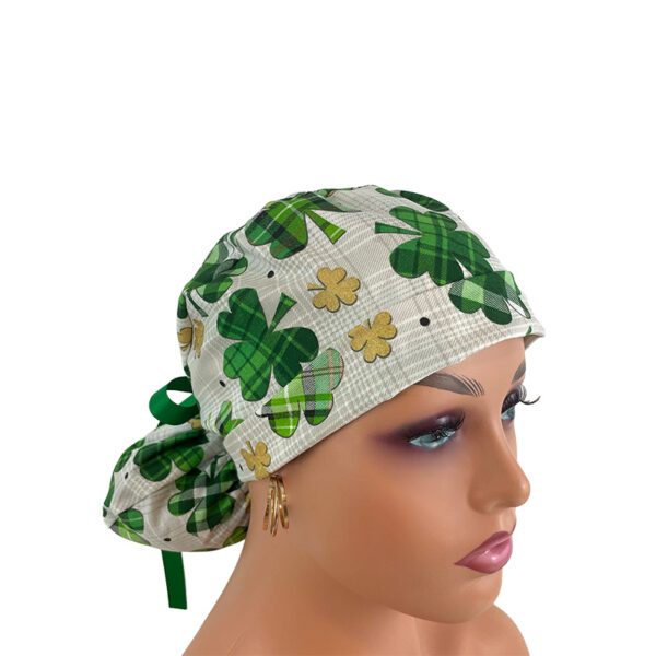 Turn Up Ponytail Medical Scrub Cap. Love O' The Irish - Clover Fields