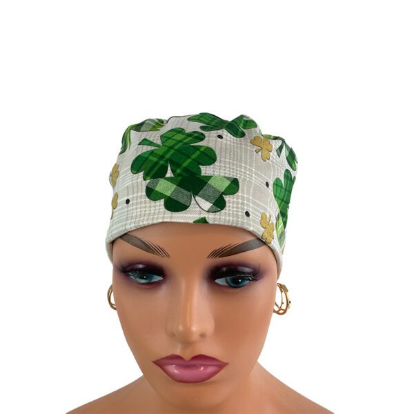 Turn Up Ponytail Medical Scrub Cap. Love O' The Irish - Clover Fields - Image 2