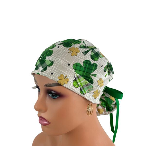 Turn Up Ponytail Medical Scrub Cap. Love O' The Irish - Clover Fields - Image 3