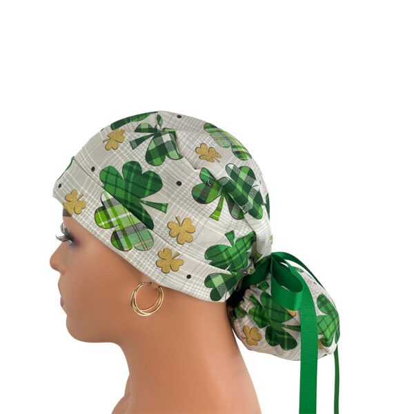 Turn Up Ponytail Medical Scrub Cap. Love O' The Irish - Clover Fields - Image 4