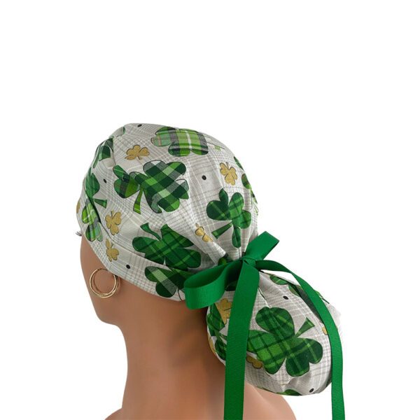 Turn Up Ponytail Medical Scrub Cap. Love O' The Irish - Clover Fields - Image 5