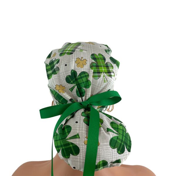 Turn Up Ponytail Medical Scrub Cap. Love O' The Irish - Clover Fields - Image 6