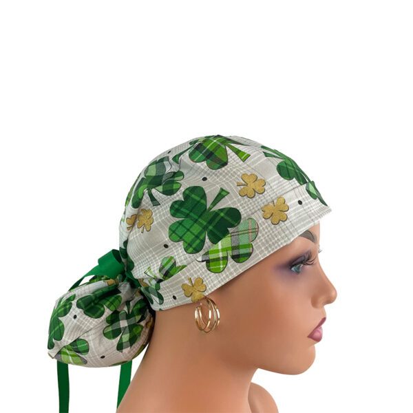 Turn Up Ponytail Medical Scrub Cap. Love O' The Irish - Clover Fields - Image 8