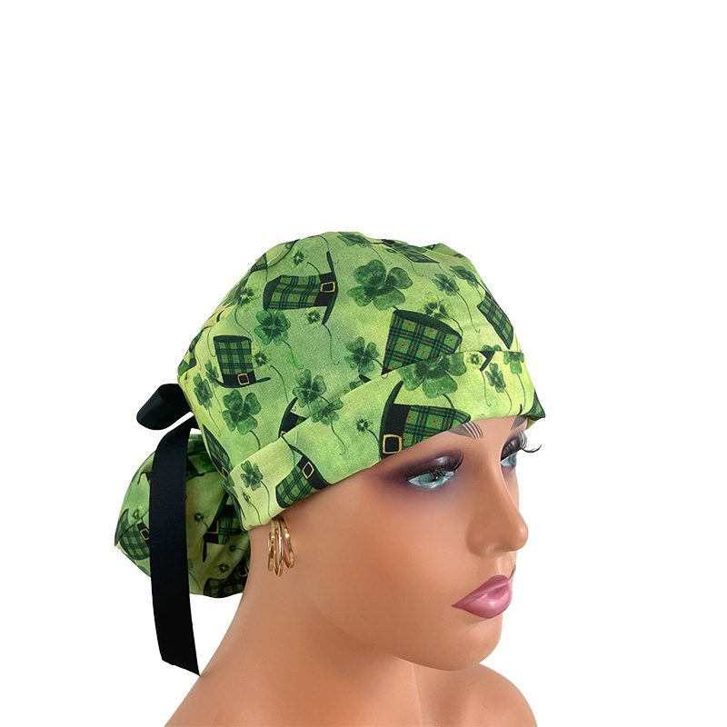 Turn Up Ponytail Medical Scrub Cap. Leprechaun Hats