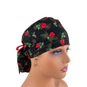 Ponytail Medical Scrub Cap – Roses Red On Black