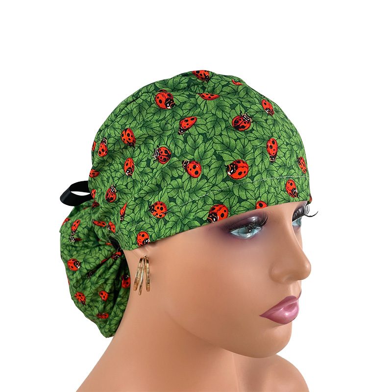 Ponytail Medical Scrub Cap – Saint Patrick’s Lady Bugs
