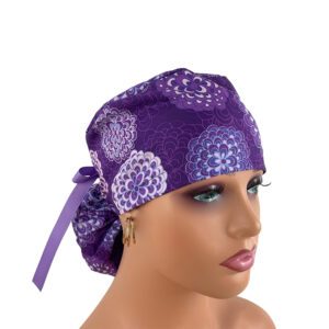 Ponytail Medical Scrub Cap – Floral Dreams-Purple II