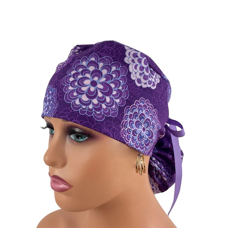 Ponytail Medical Scrub Cap – Floral Dreams-Purple II - Image 2