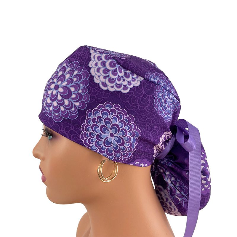 Ponytail Medical Scrub Cap – Floral Dreams-Purple II - Image 3