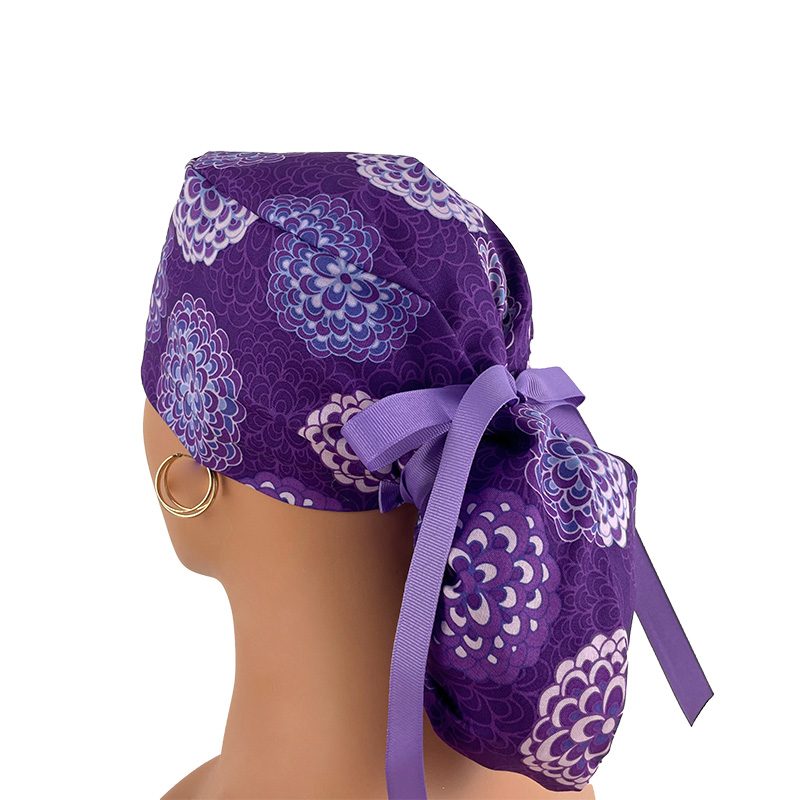 Ponytail Medical Scrub Cap – Floral Dreams-Purple II - Image 4