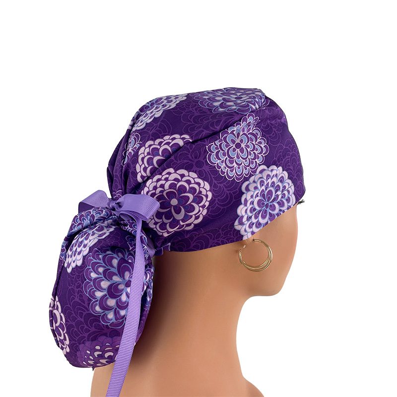 Ponytail Medical Scrub Cap – Floral Dreams-Purple II - Image 6