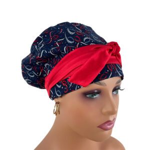 European Style Scrub Cap - Patriotic Cotton Fabric Stars and Ribbons