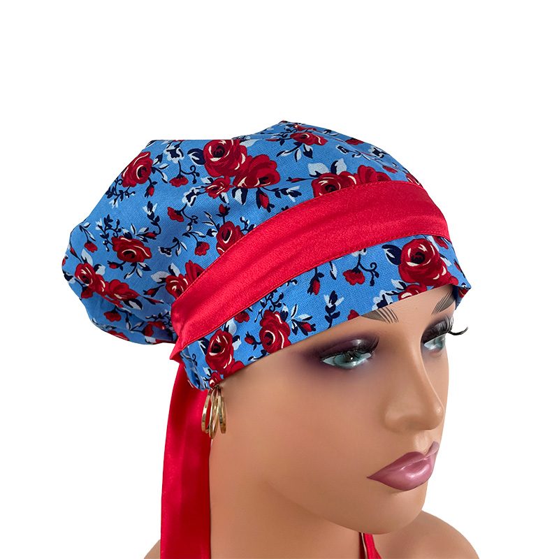 European Style Scrub Cap - Roses Red On Red Ribbon - Image 8