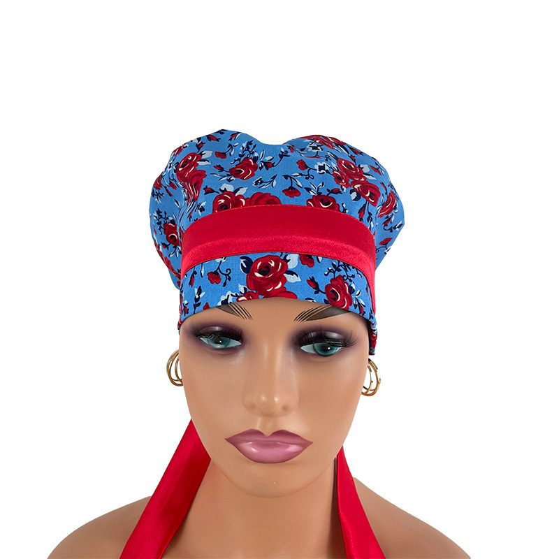 European Style Scrub Cap - Roses Red On Red Ribbon - Image 9