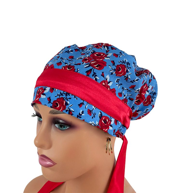 European Style Scrub Cap - Roses Red On Red Ribbon - Image 10