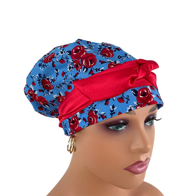 European Style Scrub Cap - Roses Red On Red Ribbon