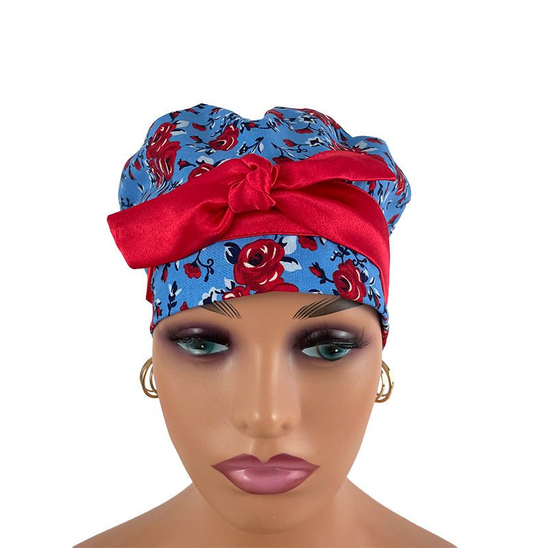 European Style Scrub Cap - Roses Red On Red Ribbon - Image 2