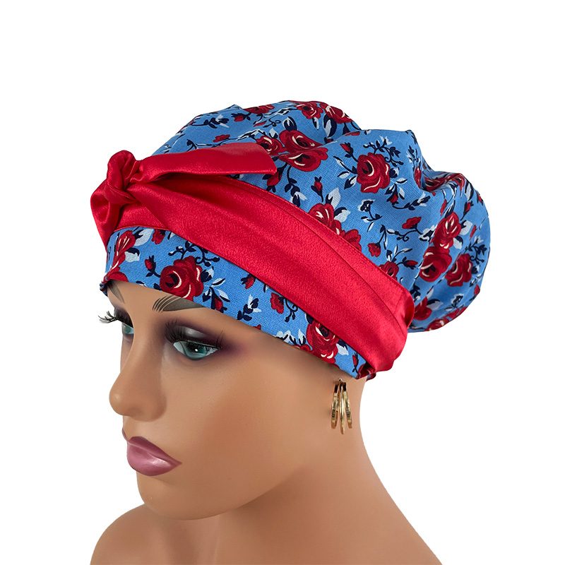 European Style Scrub Cap - Roses Red On Red Ribbon - Image 3
