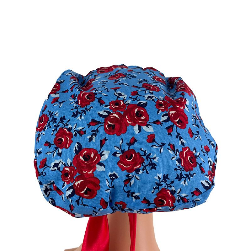 European Style Scrub Cap - Roses Red On Red Ribbon - Image 4