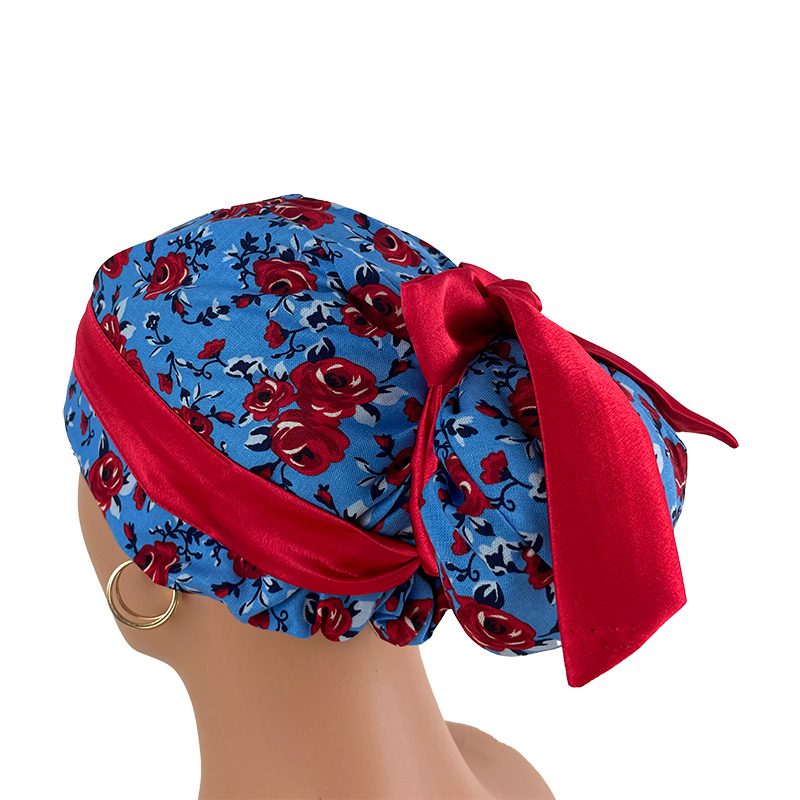 European Style Scrub Cap - Roses Red On Red Ribbon - Image 5