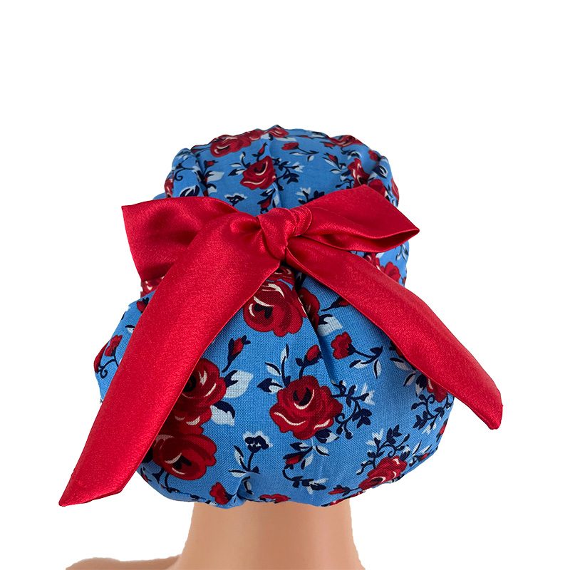 European Style Scrub Cap - Roses Red On Red Ribbon - Image 6