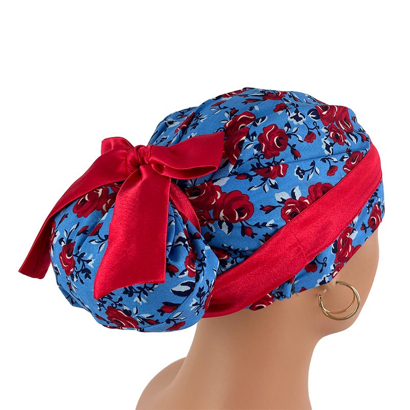 European Style Scrub Cap - Roses Red On Red Ribbon - Image 7