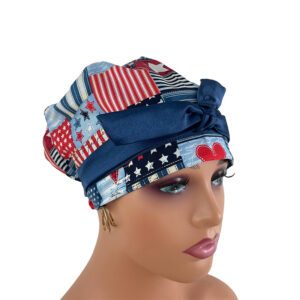 European Style Scrub Cap - I Love American Flags Patriotic USA On Blue Ribbon