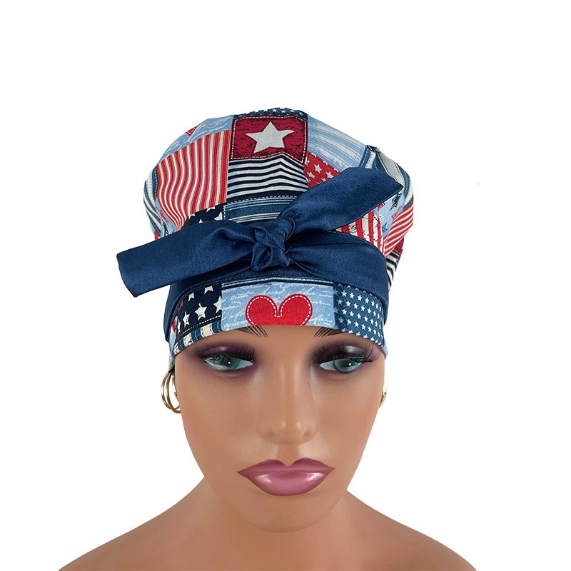 European Style Scrub Cap - I Love American Flags Patriotic USA On Blue Ribbon - Image 2